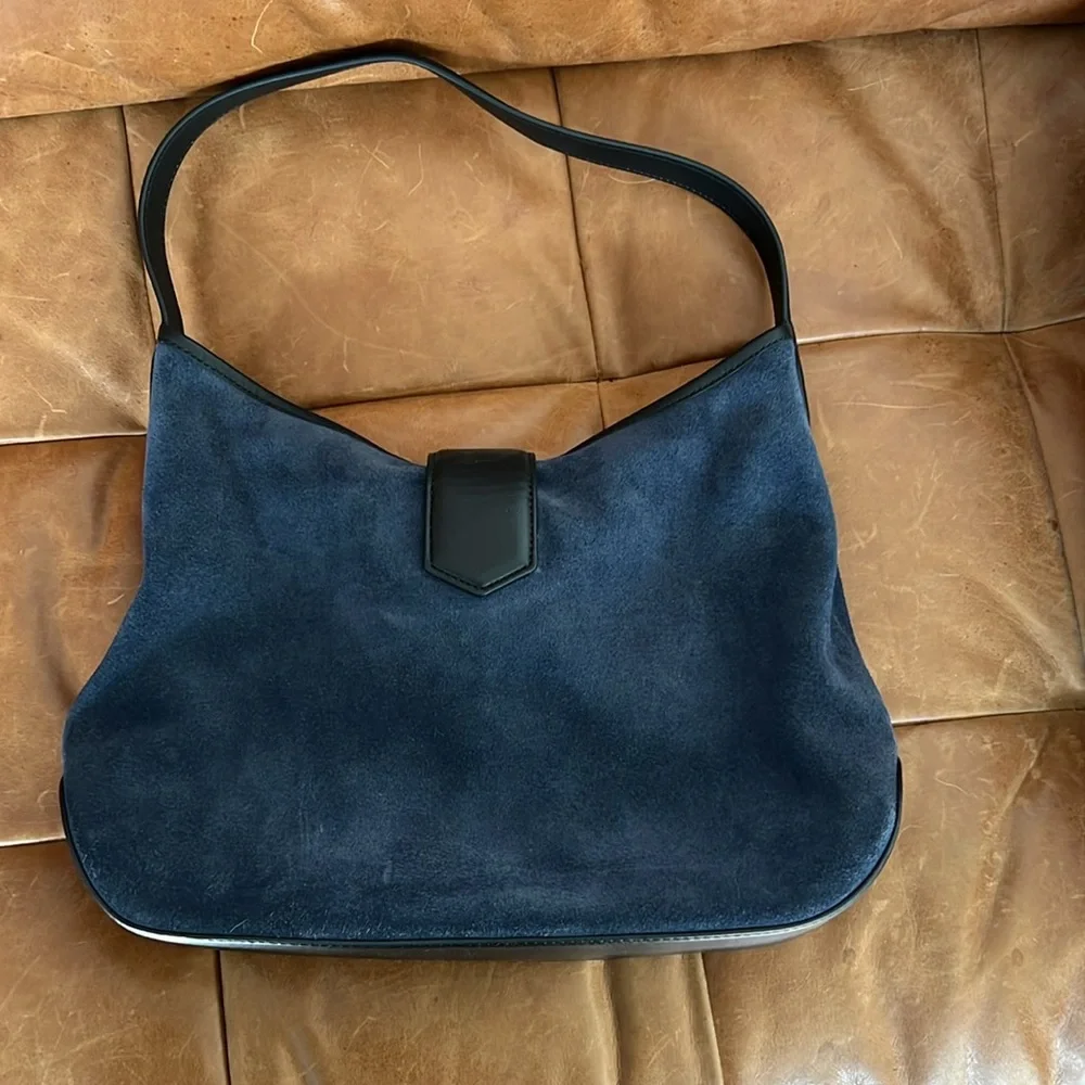J. Crew Navy Suede Shoulder Bag with Black Strap and Gold Accent